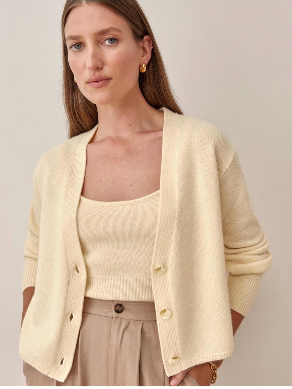 Reformation Soft Cream Varenne Cashmere Button-Front Cardigan & Tank